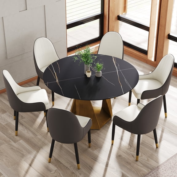 Dining Table, 53 Inch Round Sintered Stone Top with Bronze Iron Pedestal Base, Modern Black Artificial Marble Table for 6 People, for Dining Room and Kitchen, 29.53" Height