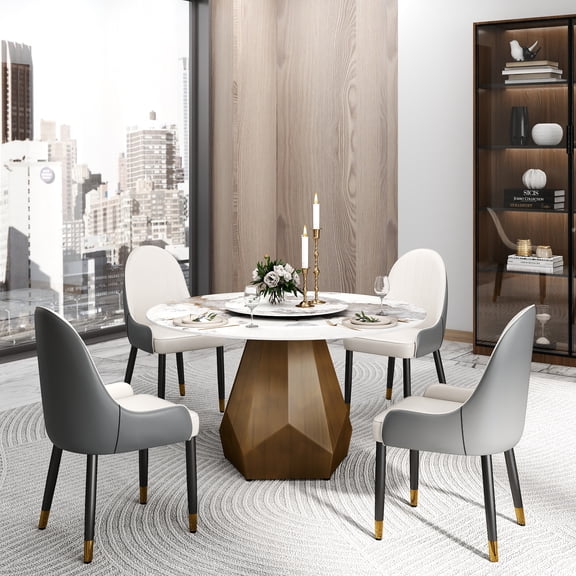 Dining Table, 53 Inch Round White Sintered Stone Table for 6 People, Modern Heat Resistant Artificial Marble Top with 23.62 Inch Rotating Turntable and Brass Metal Base for Kitchen