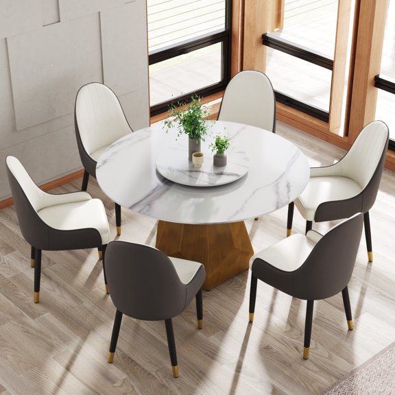 Dining Table, 53 Inch Round White Sintered Stone Top with Brass Metal Base, Includes 23.62 Inch Rotating Turntable, Heat and Scratch Resistant Dining Room Table for 6 People