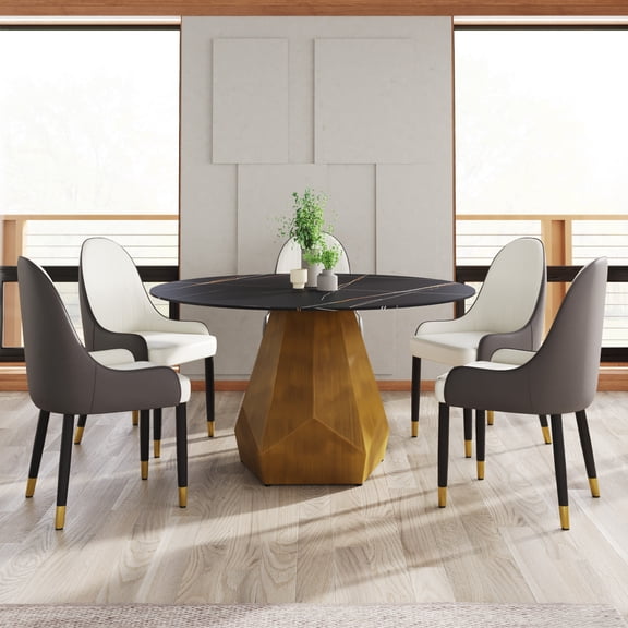Dining Table, 53" Round Sintered Stone Tabletop with Brass Metal Base, Heat and Scratch Resistant Artificial Marble for 6 People, Black Finish for Dining Room and Kitchen Area