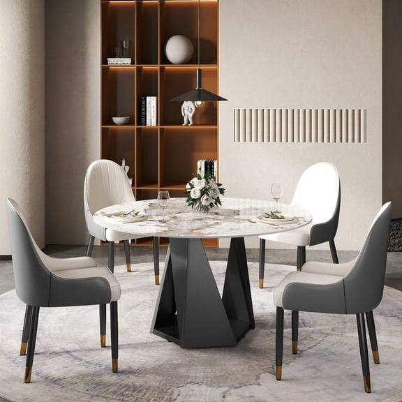 Dining Table, 53" Round Sintered Stone Top with Black Iron Metal Pedestal Base, Heat and Scratch Resistant Artificial Marble Table for 6 People, for Dining Room and Kitchen, White