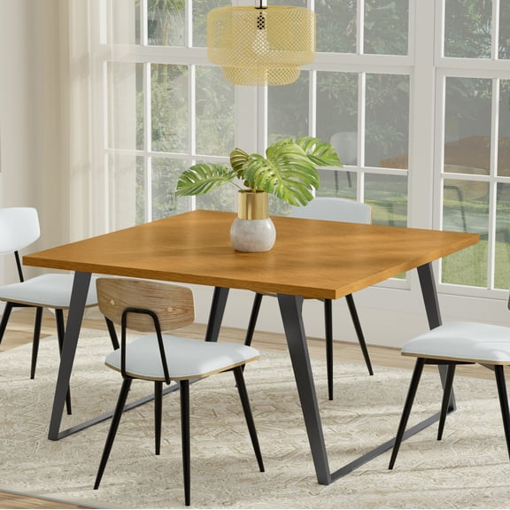 Dining Table, 54-Inch Square Solid Wood Oak Veneer Top with Graphite Grey Powder-Coated Iron U-Shaped Metal Legs, Brown Modern Industrial Kitchen Table for 8 People, Home Office