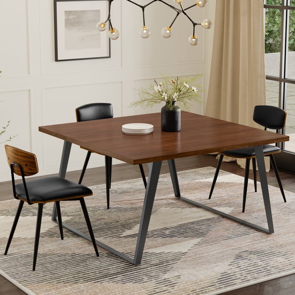 Dining Table, 54-Inch Square Solid Wood Walnut Veneer Tabletop with Graphite Grey U-Shaped Metal Legs, Seats 8, Brown Modern Industrial Kitchen Table for Dining Room or Home Office