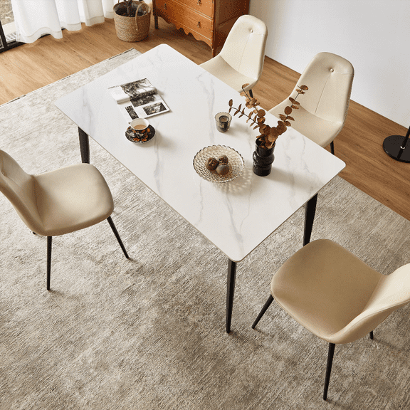 Dining Table 55" Rectangular, White, with Porcelain Top & Metal Legs - For 4, Mid Century, Kitchen/Living/Office - Table Only