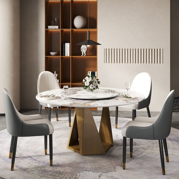 Dining Table, 59.05" Round Sintered Stone Top with 31.5" Rotating Lazy Susan, Bronze Iron Pedestal Base, White Artificial Stone Surface for 6-8 People, Modern Dining Room Table