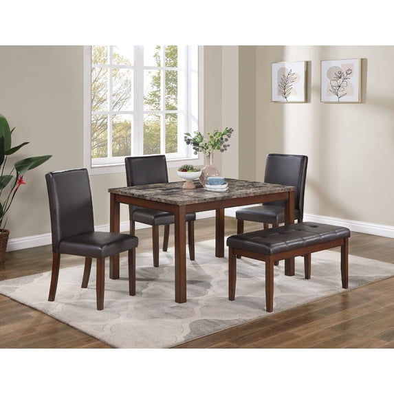Dining Table 5pc Dining Set Espresso Finish Faux Leather 3x Chairs Bench Tufted Seat Faux Marble Top Dining Room