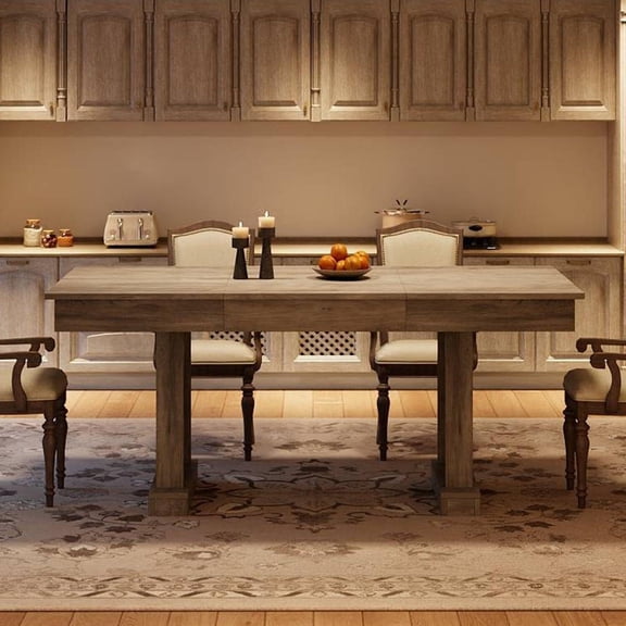 Dining Table for 6 to 8 with 2 Drawers Wooden Kitchen Table with Double Pedestal Large Tabletop 8 Ft Large Rectangular Dinner Table with Sturdy Frame for Kitchen Office-Rustic Gray