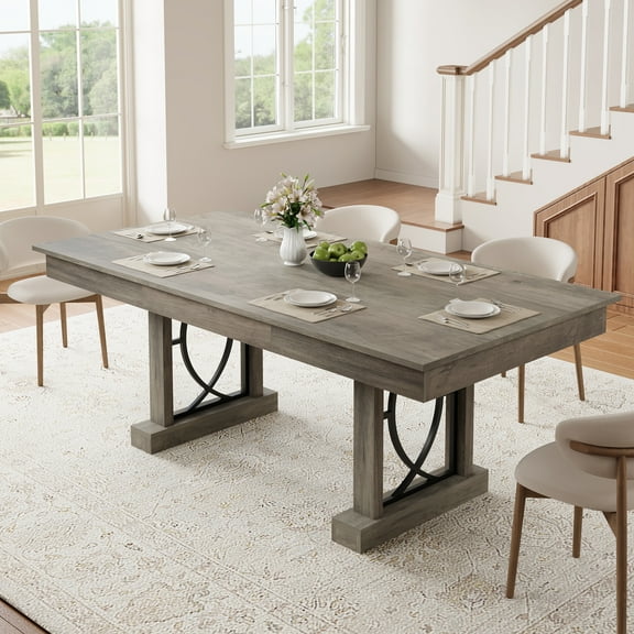 Dining Table for 6-8 with 2 Drawers, Wooden Kitchen Table with Double Pedestal & Large Tabletop, 8 Ft Large Rectangular Dinner Table with Sturdy Frame, for Kitchen, Office