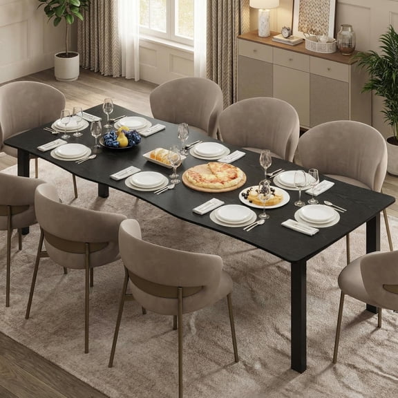 Dining Table for 6-8 People, Rustic Wave Irregular Edge Table with Thick MDF Top & Metal Frame, Waterproof Scratch-Resistant, Versatile for Dining/Work/Study, Black