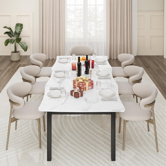 Dining Table for 6-8 People, Rustic Wave Irregular Edge Table with Thick MDF Top & Metal Frame, Waterproof Scratch-Resistant, Versatile for Dining/Work/Study, Marble