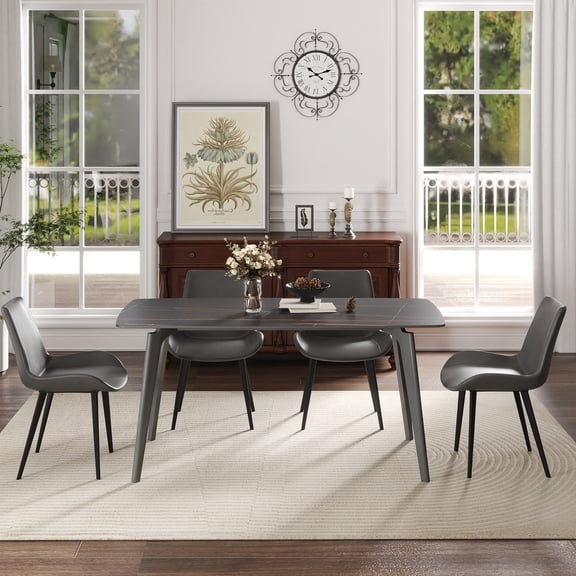 Dining Table, 62.99" Rectangular Sintered Stone Tabletop with Curved Edges, Heat and Scratch Resistant Black Surface, Dark Grey Metal Legs for Dining Room, Seats 6 to 8 People