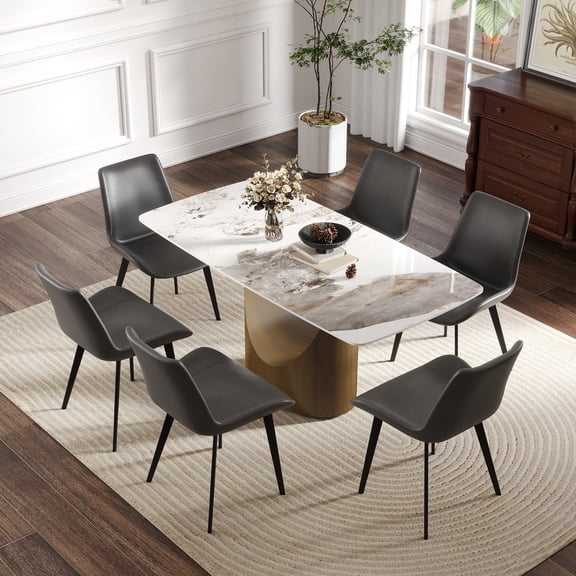 Dining Table, 63" Rectangular Sintered Stone Top with Curved Bronze Iron Metal Legs, Marble White and Antique Brass Finish, Seats 6-8 People, Modern Dining Room Furniture