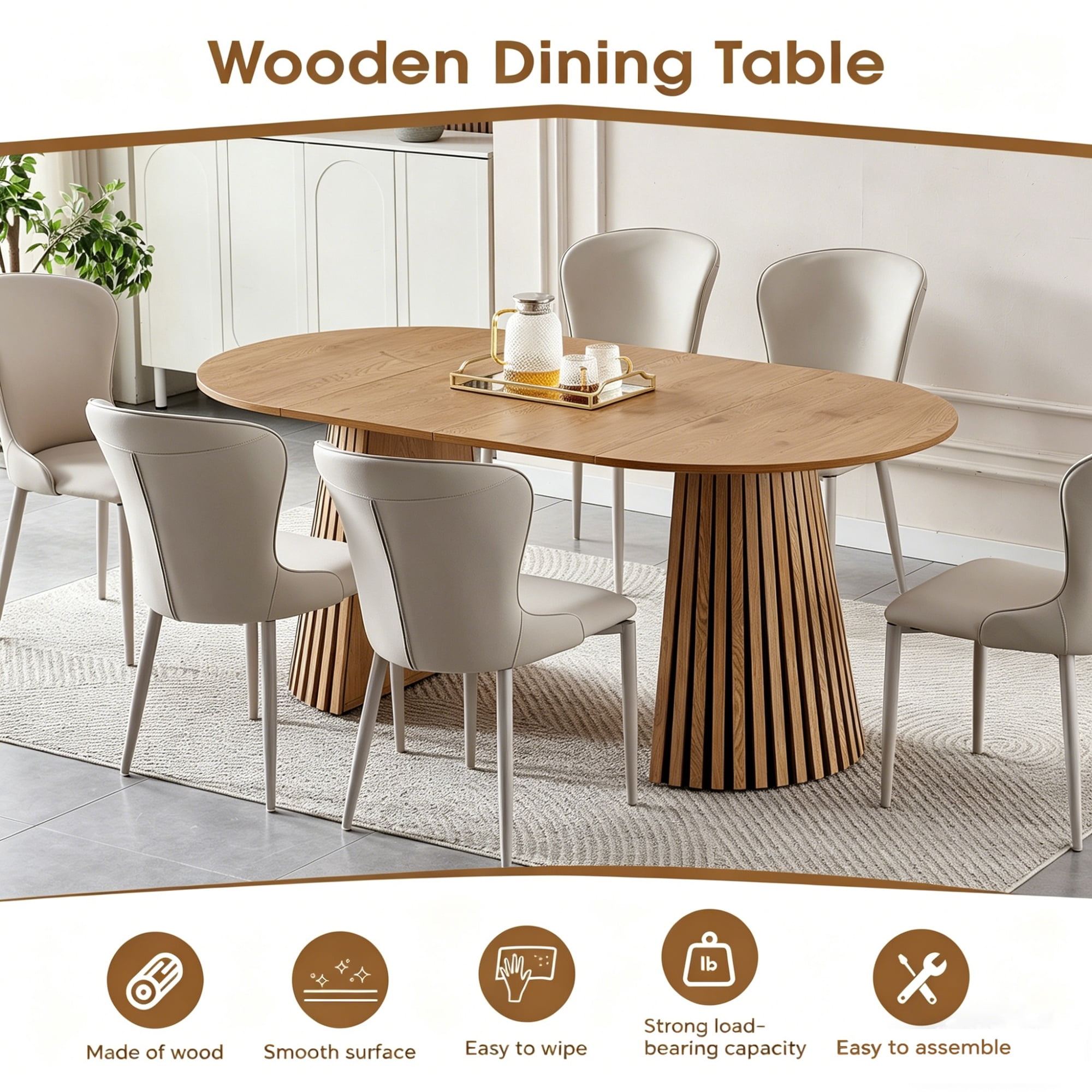 Dining Table 70.87 Inch, Extendable Kitchen Table with Oval Top and Slatted Wood Legs, Multi-Functional MDF Table for Dining Room and Office, Natural Wood