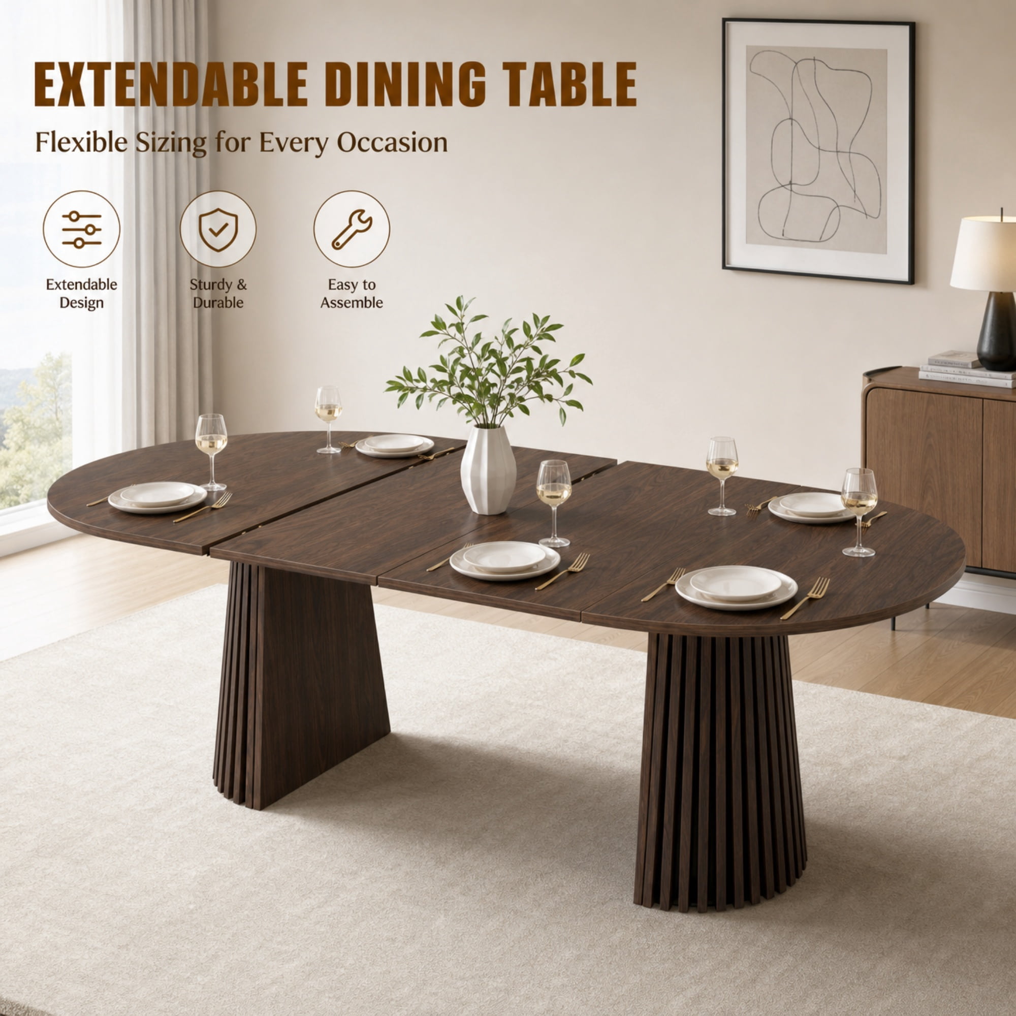 Dining Table 70.87 Inch, Extendable Kitchen Table with Oval Top and Slatted Wood Legs, Space-Saving MDF Table for Living Room and Dining Room, Walnut