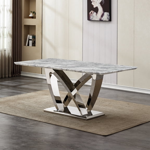Dining Table, 70 Inch Rectangle Faux Marble Top with Mirrored Finish Stainless Steel Base, Modern Large Kitchen Table for 6-8 People, Grey and Silver Dining Room Furniture, Table Only