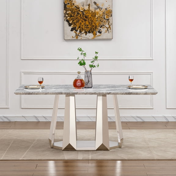 Dining Table, 70'' Rectangle Faux Marble Top with Mirrored Finish Stainless Steel Base, Modern Large Kitchen Table for 6-8 People, Grey and Silver Finish for Dining Room or Living Room