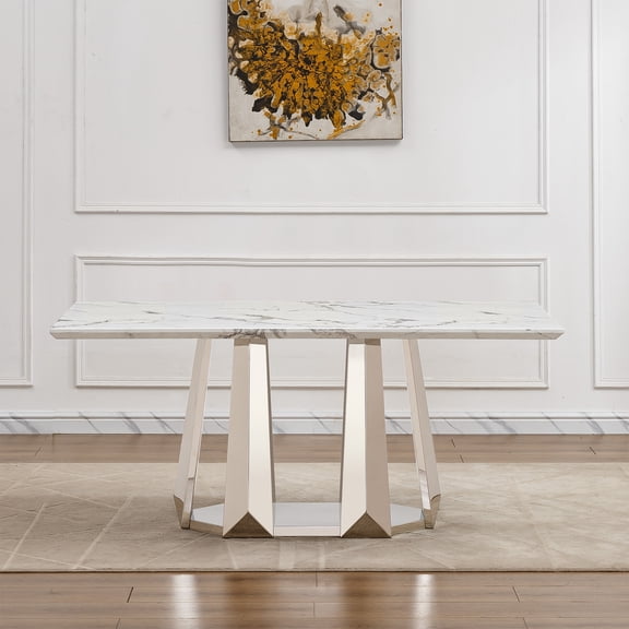 Dining Table, 70'' Rectangular Faux Marble Top with Mirrored Stainless Steel Base, Modern Large Kitchen Table for 6-8 People, White and Silver Finish for Dining Room or Living Room