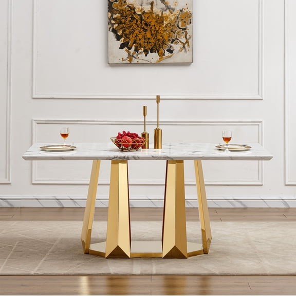 Dining Table, 70'' Rectangular Faux Marble Top with Mirrored Stainless Steel Base, Modern White and Gold Kitchen Table for 6-8 People, Large Dining Room Display Table, MDF and Steel