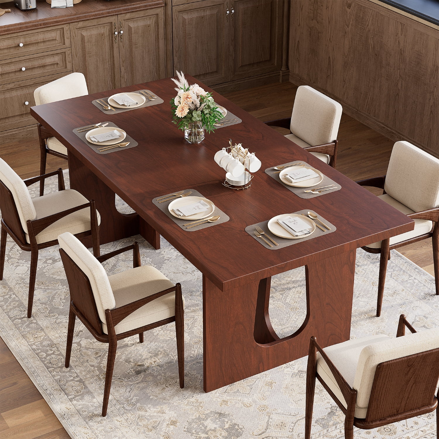 Dining Table 71 Inch Rectangular Seats 6-8 with Pedestal Legs Heavy ...