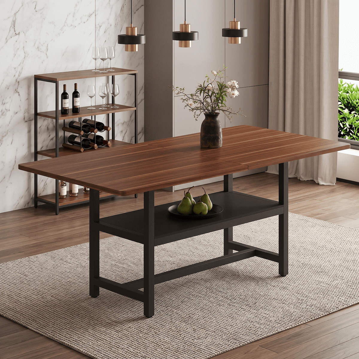 Dining Table 71 Inch Rectangular with Storage Shelf, Walnut MDF Dining Table for 6-8 People, Modern Kitchen Dining Table with Black Metal Legs, Wooden Dining Table for Dining Room