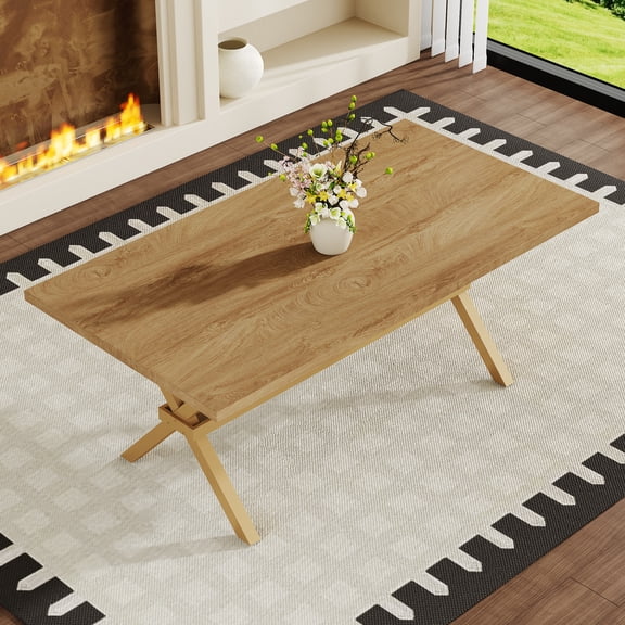 Dining Table, 71 x 35.4 Inch Light Wood MDF Splicing Desktop with Metal X-Shaped Legs and Bottom Storage Shelf, Modern Minimalist Kitchen Table for 6-8 People, Natural Wood Color