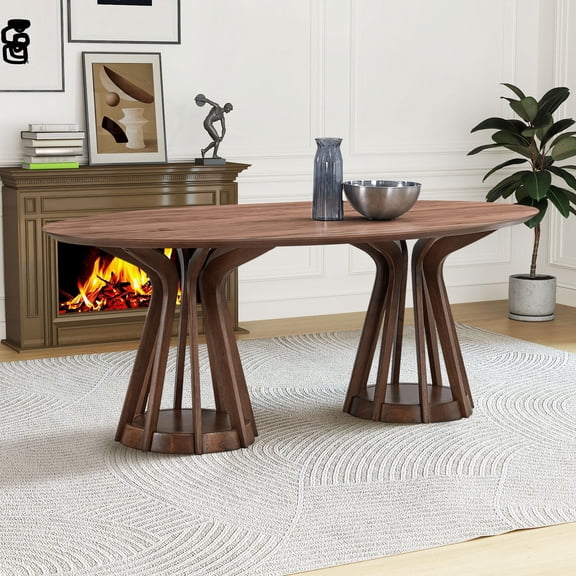 Dining Table, 78.74 Inch Oval MDF and Solid Rubber Wood Table with Sturdy Pedestal Base, Modern Wood Veneer Ellipse Kitchen Table for Dining Room and Restaurant, Walnut Finish