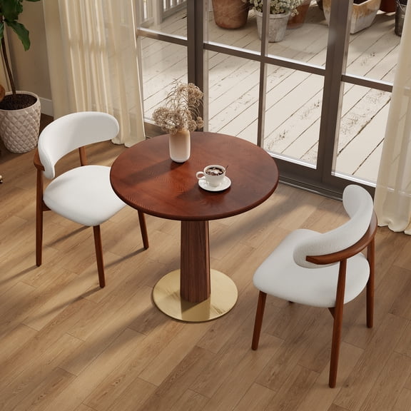 Dining Table, 80cm Round Solid Wood Table with Walnut Brown Finish, Luxury Brass Base and Square Wooden Legs, 2-Person Compact Table for Dining Room, Living Room or Studio Office