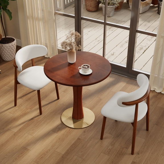 Dining Table, 80cm Round Solid Wood Table with Walnut Brown Finish, Luxury Brass Base and Square Wooden Legs, 2-Person Small Space Table for Dining Room, Studio or Living Room