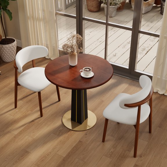 Dining Table, 80cm Round Solid Wood Top in Walnut Brown, Luxury Brass Base and Square Wooden Legs, 2-Person Small Space Table for Dining Room, Living Room or Studio Negotiation