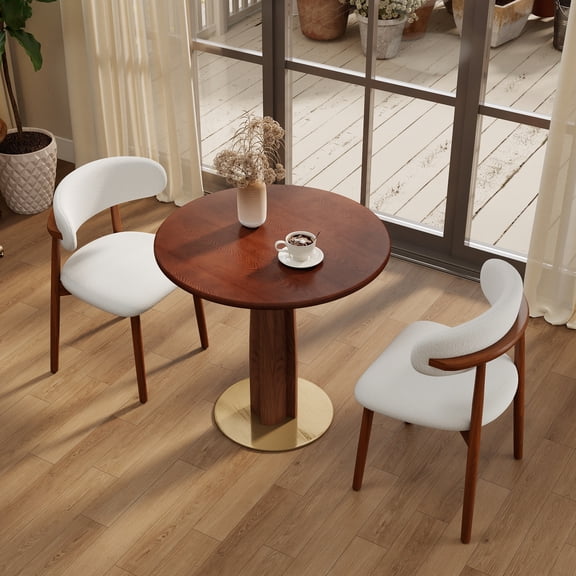 Dining Table, 80cm Round Solid Wood Top in Walnut Brown, Luxury Brass Base and Square Wooden Legs, 2-Person Small Space Table for Dining Room, Living Room or Studio Negotiation