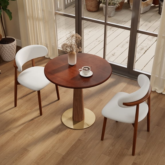 Dining Table, 80cm Round Solid Wood Top in Walnut Brown, Luxury Brass Base and Wooden Legs, 2-Person Small Space Table for Dining Room, Living Room or Studio Negotiation Table