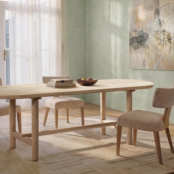 Dining Table, 85" Oval 8-Seat Reclaimed Pine Wood Table with Cerused Light Natural Finish, Open Stretcher Base for Stability, Sustainable Rustic Dining Room Furniture for Large Homes