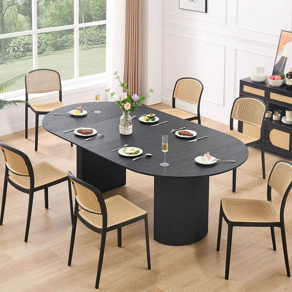 Dining Table, 86.61" to 47.24" Expandable Table for 4 to 8, Modern Extendable Kitchen Table Black Round to Large Oval Solid Wood Table Furniture for Dining Room Kitchen Living Room