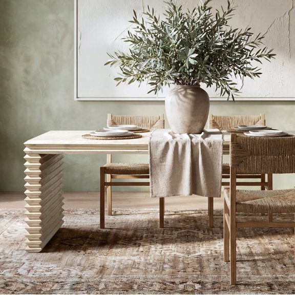 Dining Table, 94-Inch Reclaimed Pine Wood with Stacked Geometric Waterfall Base, Seats 8, Whitewashed Natural Finish, Sustainable Large Table for Dining Room or Home Office Workspace
