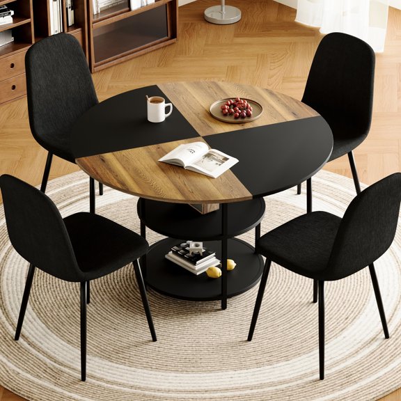 Dining Table And Chair - 47.3" Modern Splicing With Double-layered Storage, 4 Black Chairs Metal Legs 47.3-inch Diameter Double Storage Space,