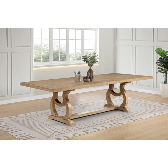 Dining Table, Asian Hardwood and Ash Veneer, Rectangular Trestle Base with Removable Extension Leaf, Barley Brown Finish, 30"H x 42"-46"W x 84"L, for Kitchen and Dining Room Use
