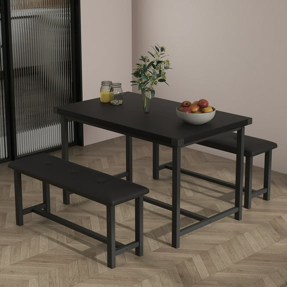 Dining Table with Bench, Dining Table Set, 3-Piece Dining Furniture Set for 4, 3-Piece Kitchen Table with 2 Upholstered Benches, Space-Saving Dinette for Home Kitchen, Restaurant