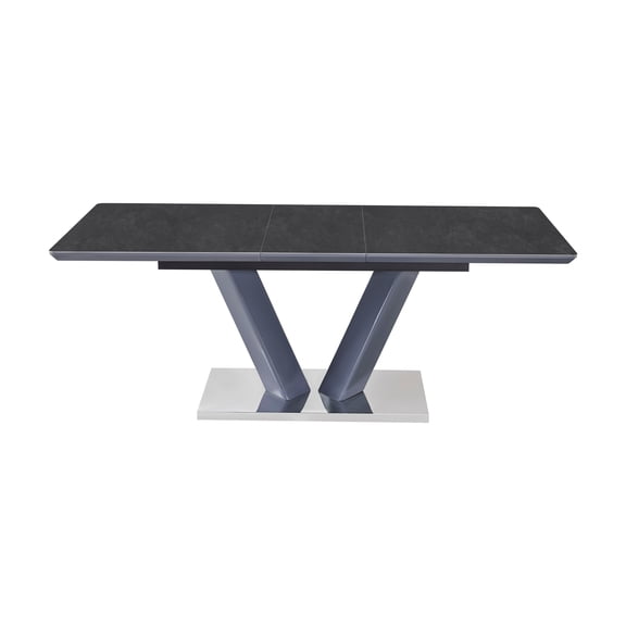 Dining Table, Black Sintered Stone Expandable Rectangular Table with Butterfly Leaf, V-Shaped Chrome Pedestal Base, Seats 6, 63-78.75" x 35.5" x 30"H, Modern Luxury Dining Room