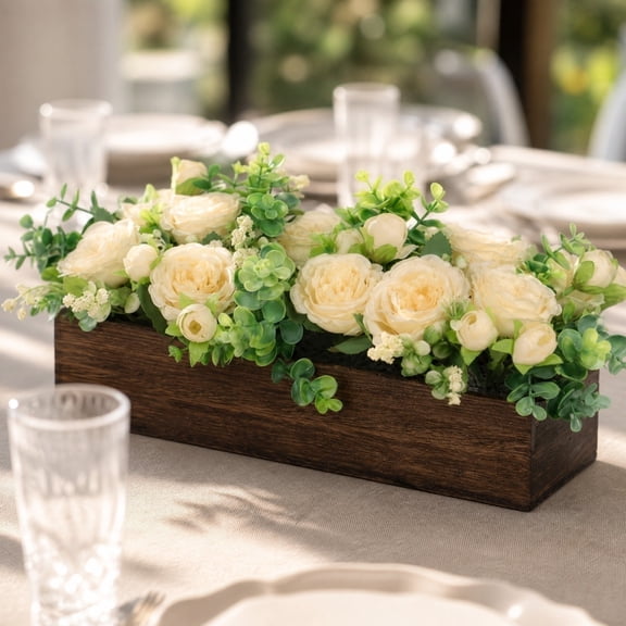 Dining Table Centerpiece Decor, Ranunculus Artificial Flowers, Artificial Eucalyptus Stems, Rectangular Wood Planter Box, 18X9X8 in Pre-Assembled Floral Arrangement for Indoor Use