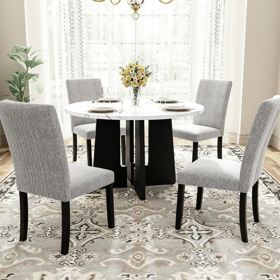 Dining Table And Chair For Room. 43-inch Round Table. 4 Upholstered Chairs. Modern Style. Fits Kitchen, Living Easy Assembly. Gray White With Seats. Tabletop Look. Comfortable Suitable Various