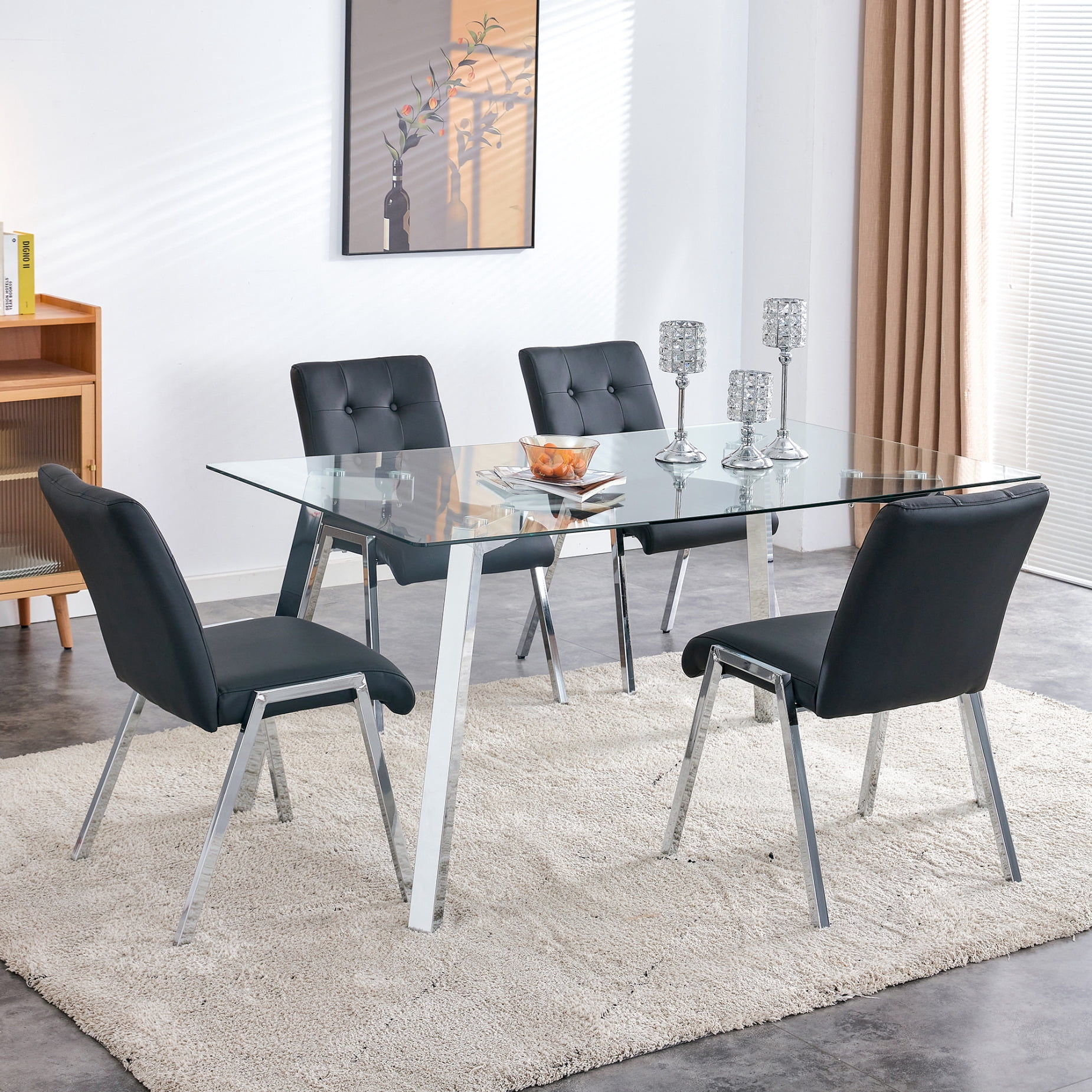 Dining Table and Chair Set, 1 Table with 4 Black Chairs, Rectangular ...