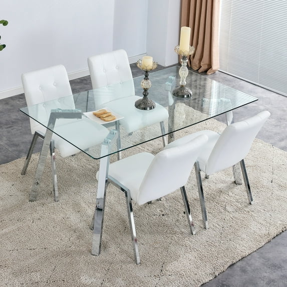 Dining Table and Chair Set, 1 Table with 4 White Chairs, Rectangular Tempered Glass Dining Table with Silver Metal Legs, Pu Leather Armless Upholstered Chairs with High Backrest