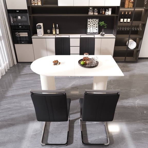 Dining Table and Chair Set, 63 Inch MDF Cream Table with 4 Black PU Leather Armless Chairs, Silver Plated Metal Legs, Mid-Century Modern Style for Home Kitchen and Dining Room