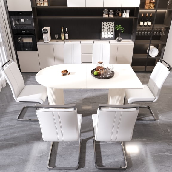 Dining Table and Chair Set, 63 Inch MDF Cream White Table with 6 PU Leather Armless Chairs, Silver Plated Metal C-Shaped Legs, Mid Century Modern Furniture for Home and Kitchen