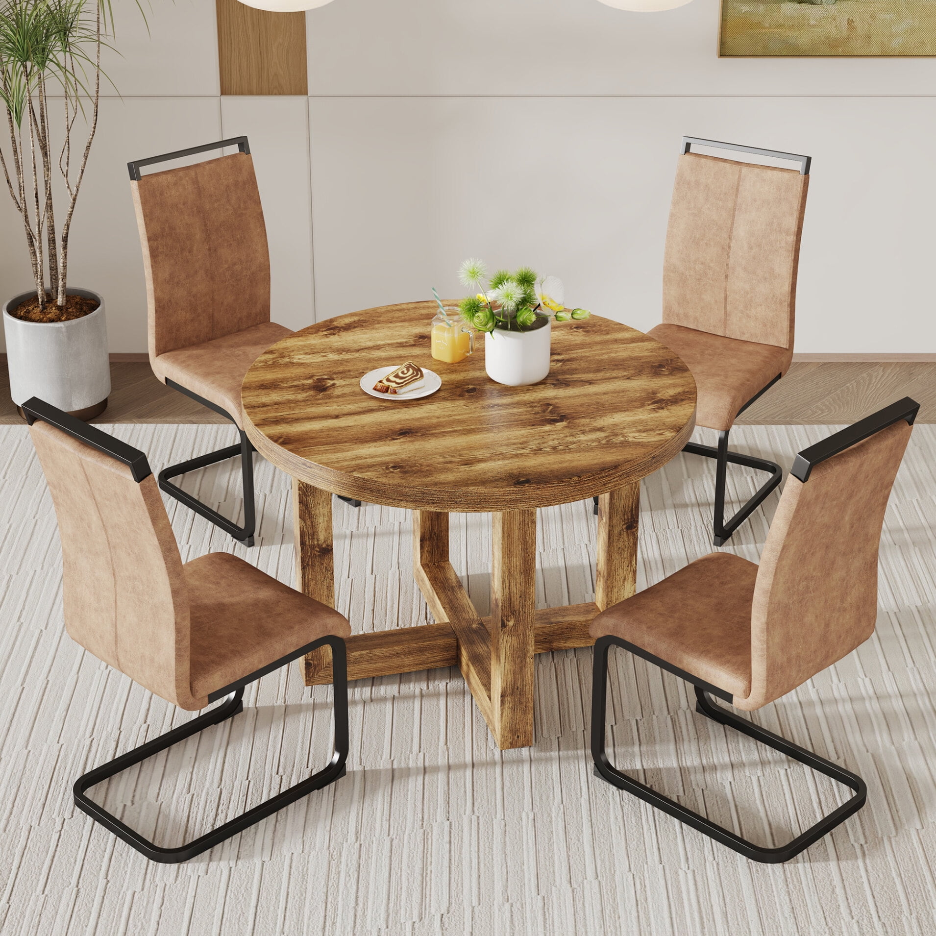 Dining Table and Chair Set, Circular Wooden Dining Table and 4 High Back Chairs with C-Shaped ...