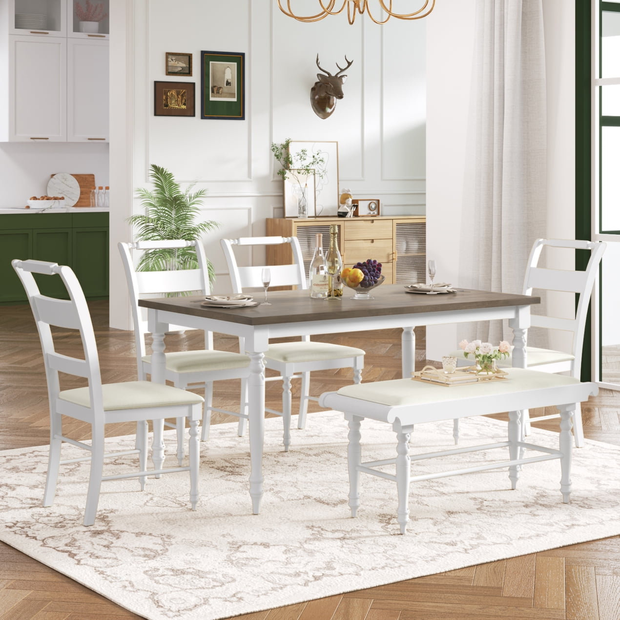 Dining Table and Chairs for 6, 6Piece Wood Dining Table Set, Retro Style Kitchen Table and