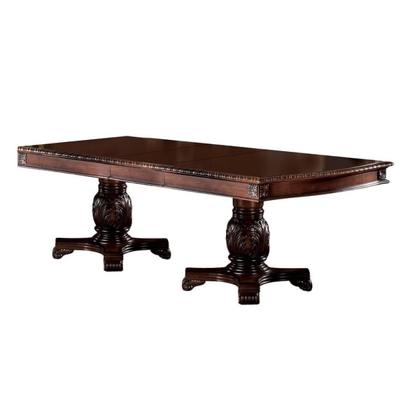 Dining Table, Cherry Finish Synthetic Wood Rectangular Double Pedestal Table with Two 15-Inch Removable Extension Leaves and Floral Motifs, Traditional Style for Dining Room