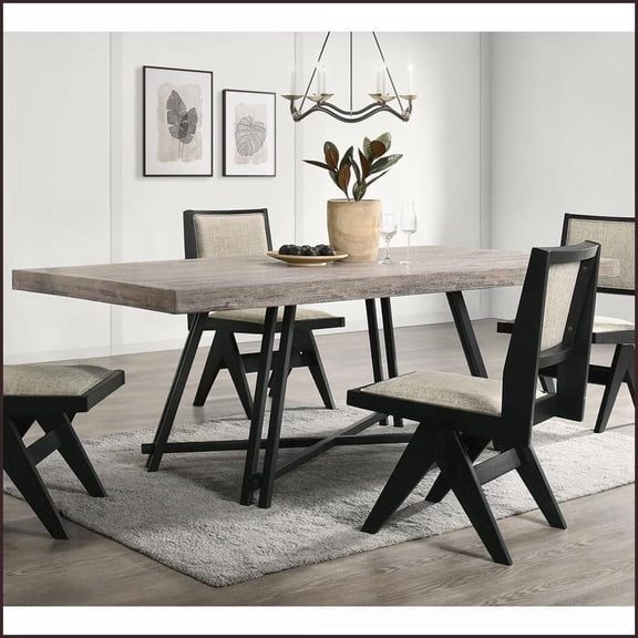 Dining Table, Contemporary Black 84W Rectangular Metal Trestle Base | Metal, Rubber Wood | Seats 6