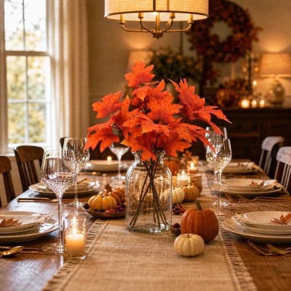 Dining Table Decor Centerpiece, Home Decoration, Table Decorations for Party, Fall Flowers Artificial for Decoration, 15X13 Inch Vivid Faux Maple Leaf Single Pick Hobby for Autumn