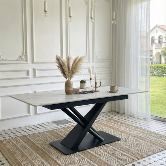 Dining Table, Extendable Rectangular Sintered Stone Tabletop with Automatic Pop-up Leaf, Black Geometric X-Frame Metal Legs, Seats 6, Modern Style for Kitchen and Dining Room